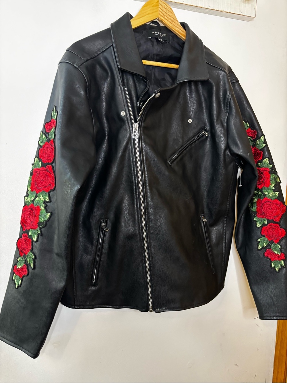 PacSun Black Faux Leather Moto Jacket with Red Rose Embroidery Patch